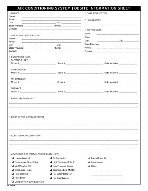 AIR CONDITIONING SYSTEM JOBSITE INFORMATION SHEET