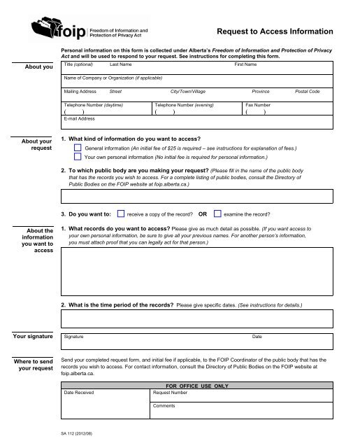 Request to Access Information form - Service Alberta