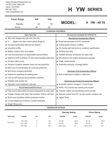 45 kW Yanmar Diesel generator three phase data sheet