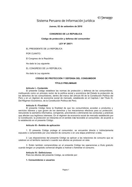 Ley Nº 29571 – Código de Protección y Defensa del Consumidor