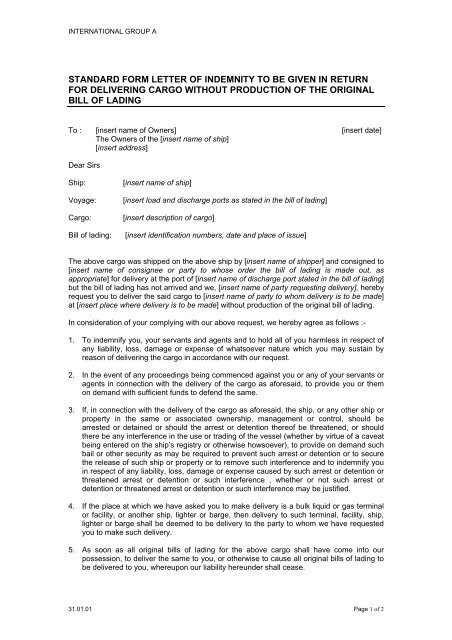 standard form letter of indemnity to be given in return for ... - Extranet