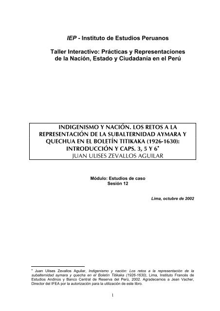 Zevallos Aguilar, Juan Ulises, Indigenismo y naciÃ³n - Cholonautas