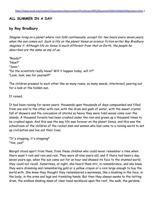all summer in a day short story all summer in a day short story