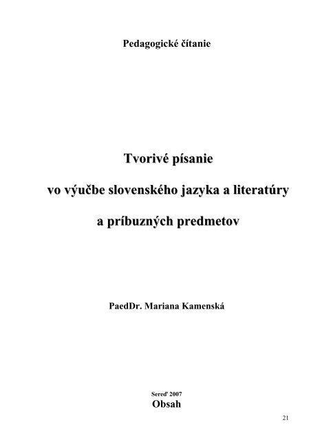 TvorivÃ© pÃsanie vo vÃ½uÄ be slovenskÃ©ho jazyka a literatÃºry - Å tÃ¡tny  ...