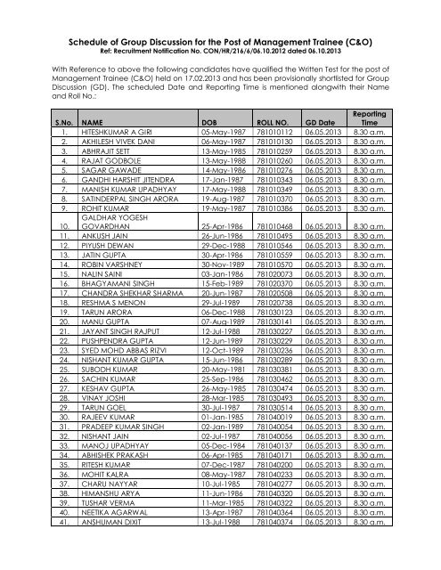 Schedule of Group Discussion for the Post of ... - special test