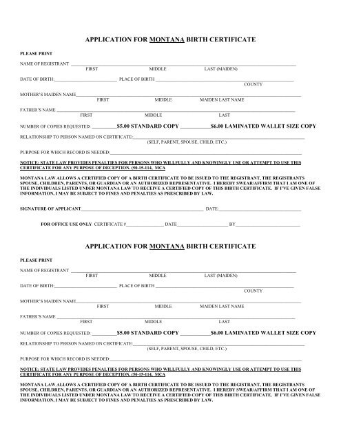 APPLICATION FOR MONTANA BIRTH CERTIFICATE Lake County