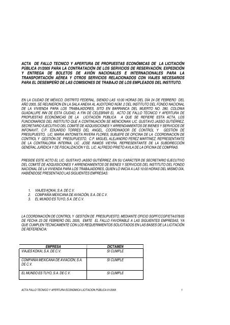 ACTA FALLO TECNICO LICITACION 01 2005 - Infonavit