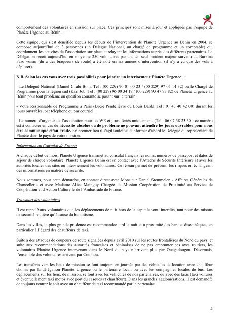 note de securite benin - PlanÃ¨te Urgence