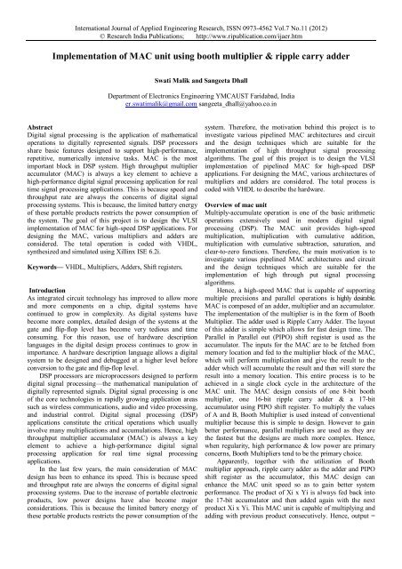 Implementation of MAC unit using booth multiplier ... - Gimt.edu.in