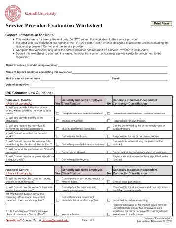 Service Provider Evaluation Worksheet - DFA