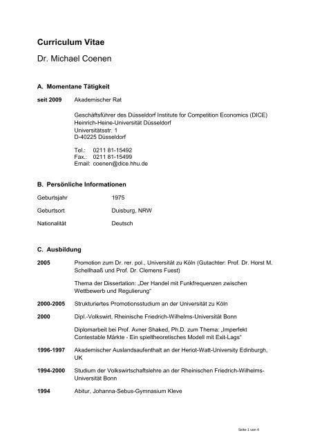 Curriculum Vitae Dr. Michael Coenen - DICE - Heinrich-Heine ...