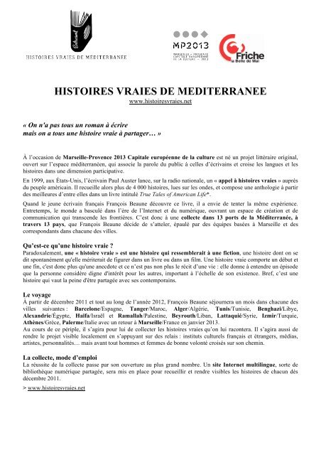 HISTOIRES VRAIES DE MEDITERRANEE - Marseille Provence 2013
