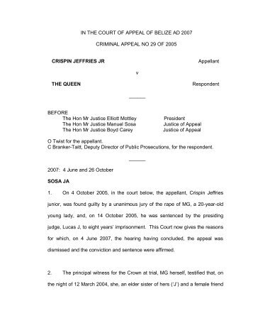 Criminal Appeal No 29. of 2005 - Crispin Jeffries Jr. v ... - Belize Law