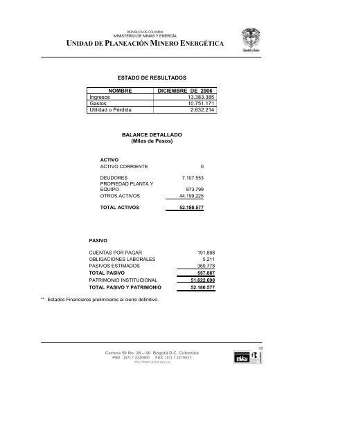 informe de gestiÃ³n upme 2006 - Unidad de PlaneaciÃ³n Minero ...