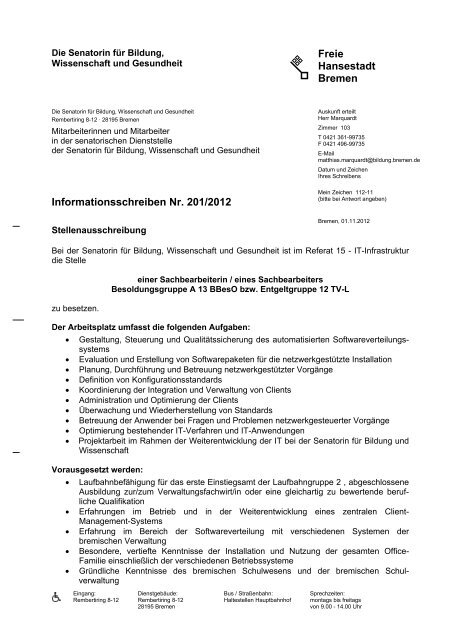 Informationsschreiben Nr. 201/2012 Stellenausschreibung