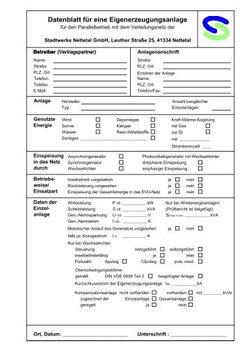 Datenblatt Eigenerzeugungsanlagen - Stadtwerke Nettetal GmbH