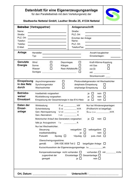 Datenblatt Eigenerzeugungsanlagen - Stadtwerke Nettetal GmbH