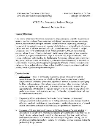 CEE 227 -- Earthquake Resistant Design General Information