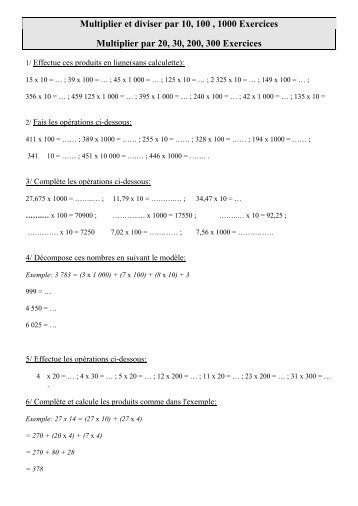 Multiplier et diviser par 10, 100 , 1000 Exercices ... - Pass Education