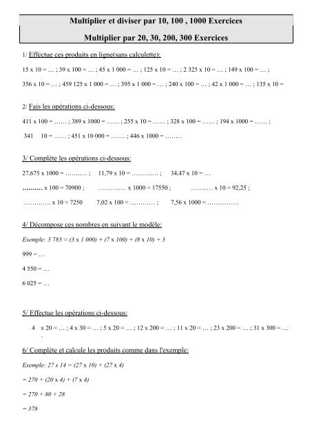 Multiplier et diviser par 10, 100 , 1000 Exercices ... - Pass Education