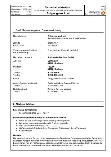 Sicherheitsdatenblatt Erdgas getrocknet - Stadtwerke Bochum