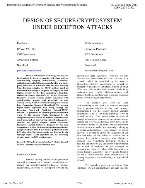 design of secure cryptosystem under deception attacks - ijcsmr