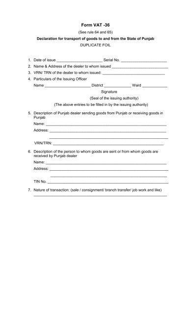 Form VAT 36 (See rule 64 and 65) Declaration for transport of goods ...