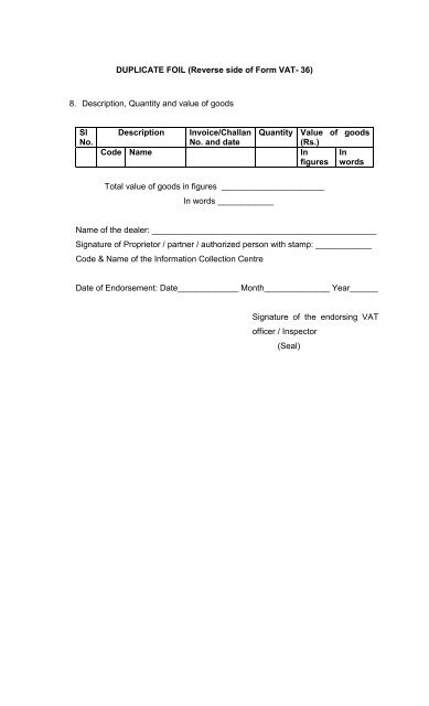 Form VAT 36 (See rule 64 and 65) Declaration for transport of goods ...