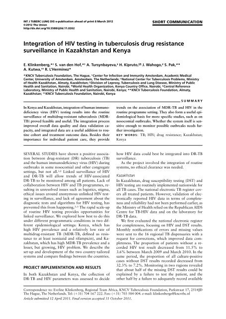 Integration of HIV testing in tuberculosis drug resistance ... - TB CARE I