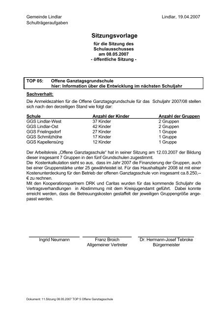 Sitzungsvorlage - Gemeinde Lindlar