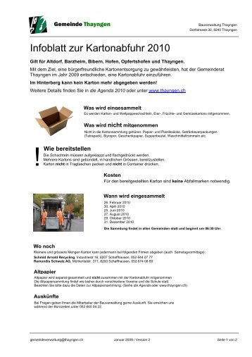 Infoblatt zur Kartonabfuhr 2010 - Gemeinde Thayngen