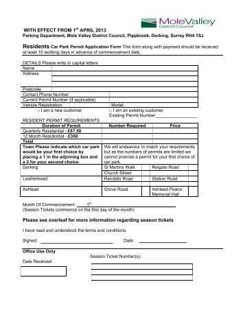 Car Park Permit Application Form - Mole Valley District Council