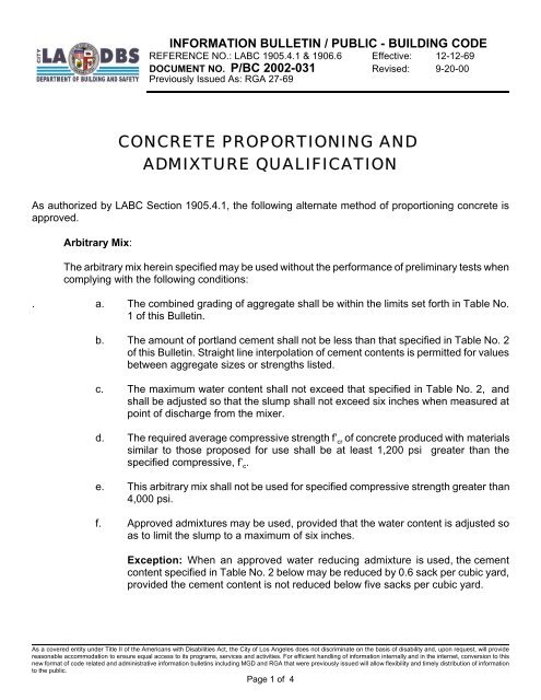 IB-P-BC 2002-031 Concrete Proportioning and Admixture - ladbs