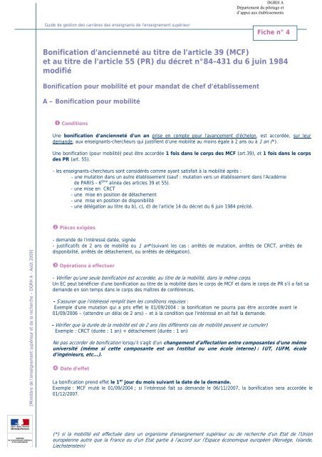 Bonification d'anciennetÃ© au titre de l'article 39 (MCF) et au titre de l ...