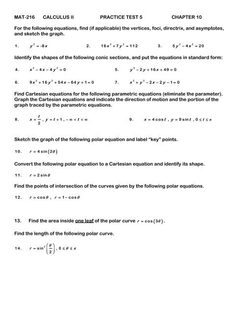 Mat 216 Calculus Ii Practice Test 5 Chapter 10 For The
