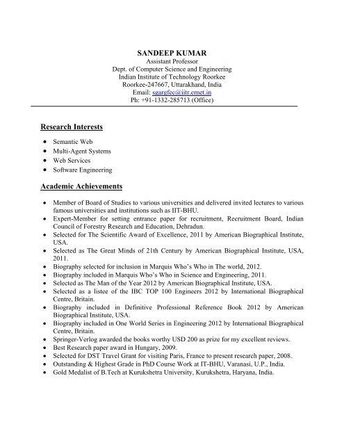 SANDEEP KUMAR Research Interests Academic Achievements