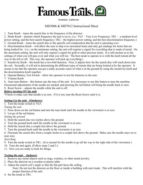 MD3006 &amp; MD7012 Instructional Sheet - Famous Trails