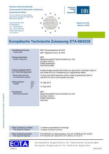 ETA-08/0230 - MKT Metall-Kunststoff-Technik GmbH & Co. KG