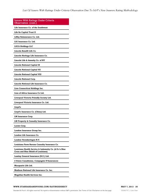 List Of Issuers With Ratings Under Criteria ... - Standard & Poor's