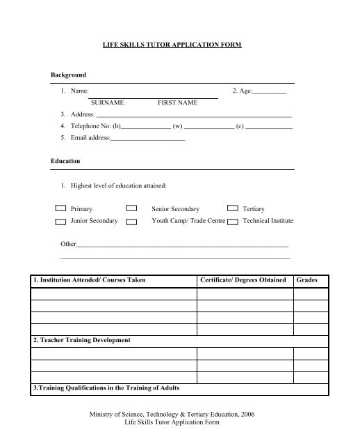 APPLICATION FORM LIFE SKILLS TUTOR