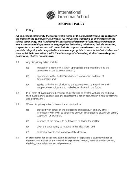 DISCIPLINE POLICY (including Suspension & Expulsion)