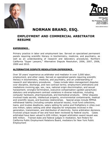 Norman Brand, Esq. Arbitrator Resume - ADR Services, Inc.