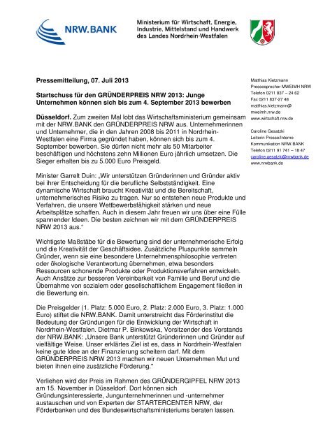 Pressemitteilung, 07. Juli 2013 Startschuss fÃ¼r den ... - NRW.Bank