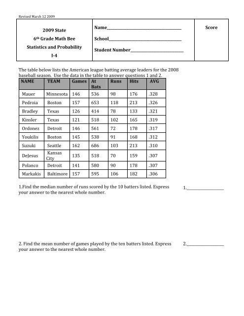 2009 State 6th Grade Math Bee Statistics and Probability I ... - AEA 267