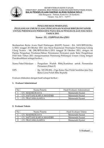 Pengumuman Pemenang Lelang Umum Ulang ... - BPDAS Solo