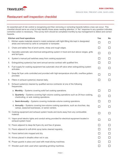 Restaurant Self-Inspection Checklist - Travelers Insurance