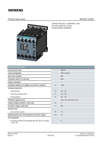 Product data sheet 3RT2017-1AP01