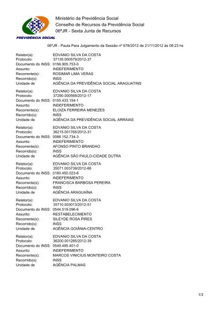 Pautas de julgamento nÂº 655 a 679 da 6Âª junta de recursos