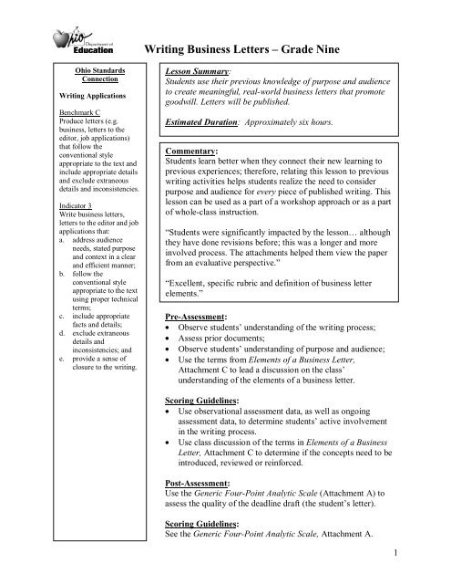 Writing Business Letters â Grade Nine - ODE - Ohio Department of ...