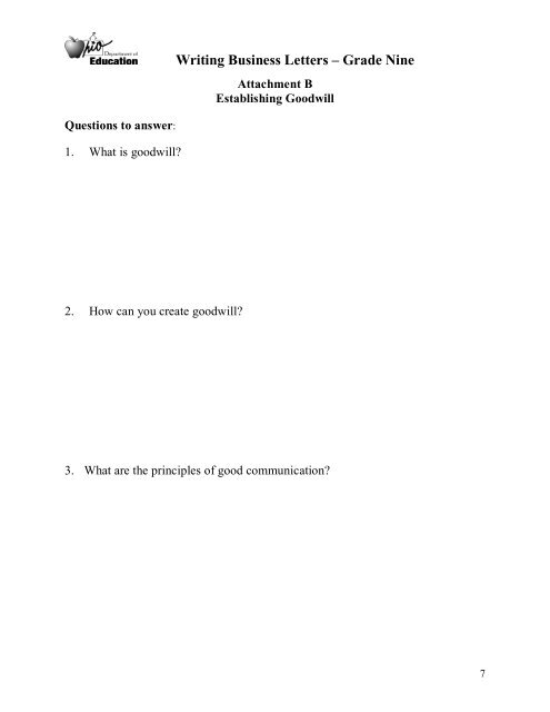 Writing Business Letters â Grade Nine - ODE - Ohio Department of ...